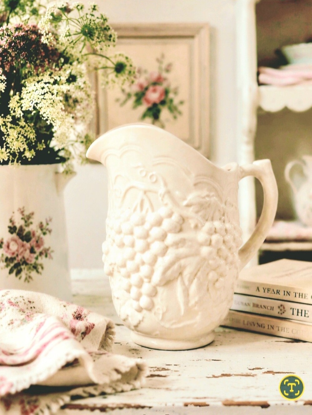 Vintage Pitcher, Pearl And pink Iridescent, Ceramic